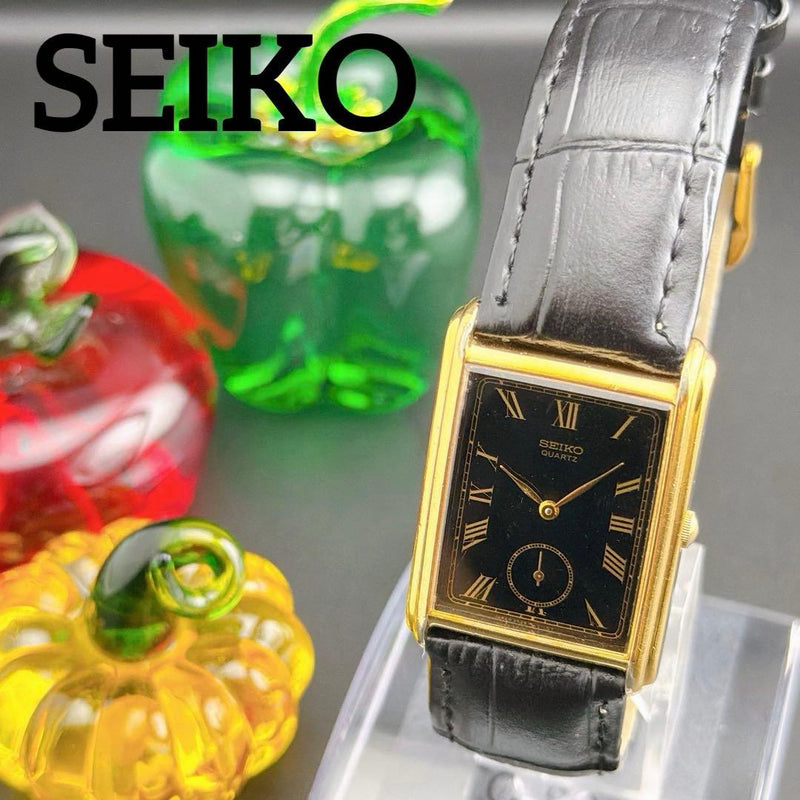 Old Seiko Tank Small Seconds Black Quartz Mens Wristwatch Japanese Vintage