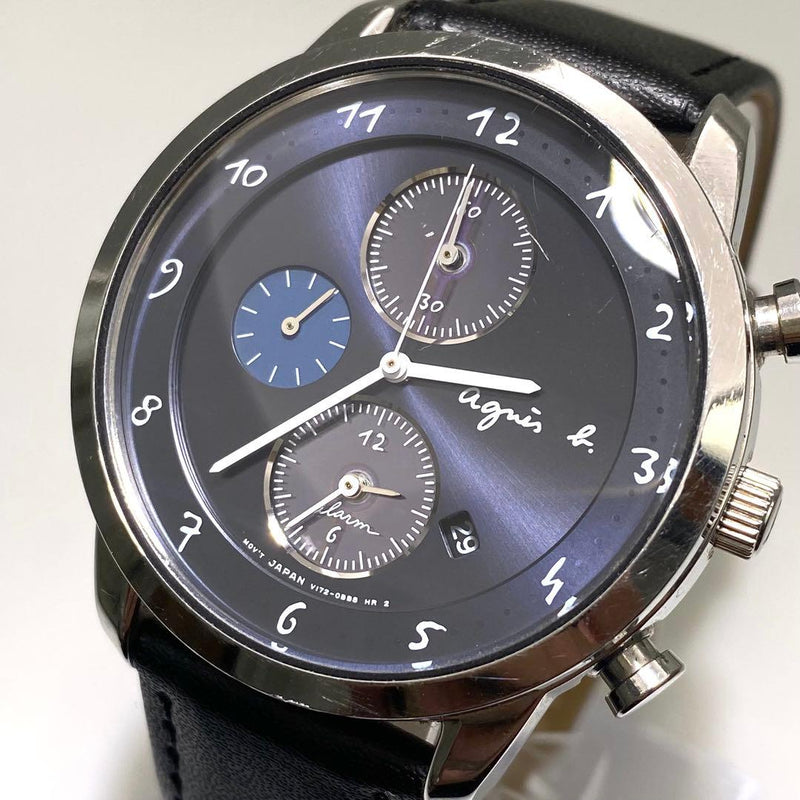 Agnès B. Chronograph Analog Quartz Mens Wristwatch Japanese Vintage Leather