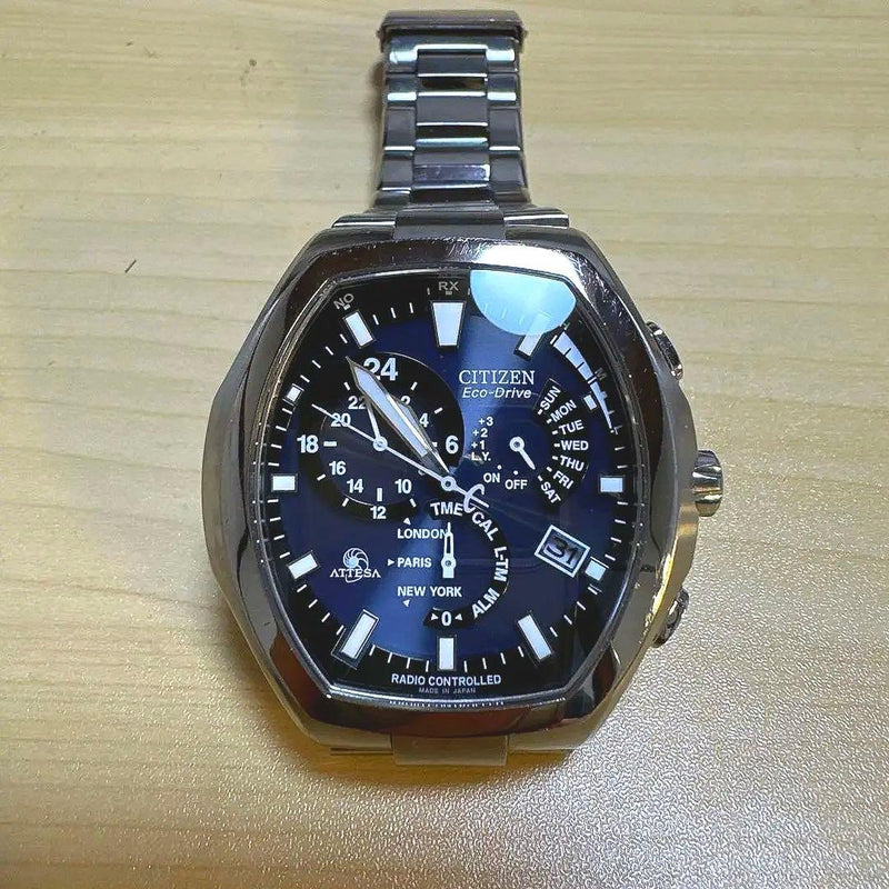 Working Citizen Attesa Eco-drive Radio Solar Mens Wristwatch Navy Dial Japanese