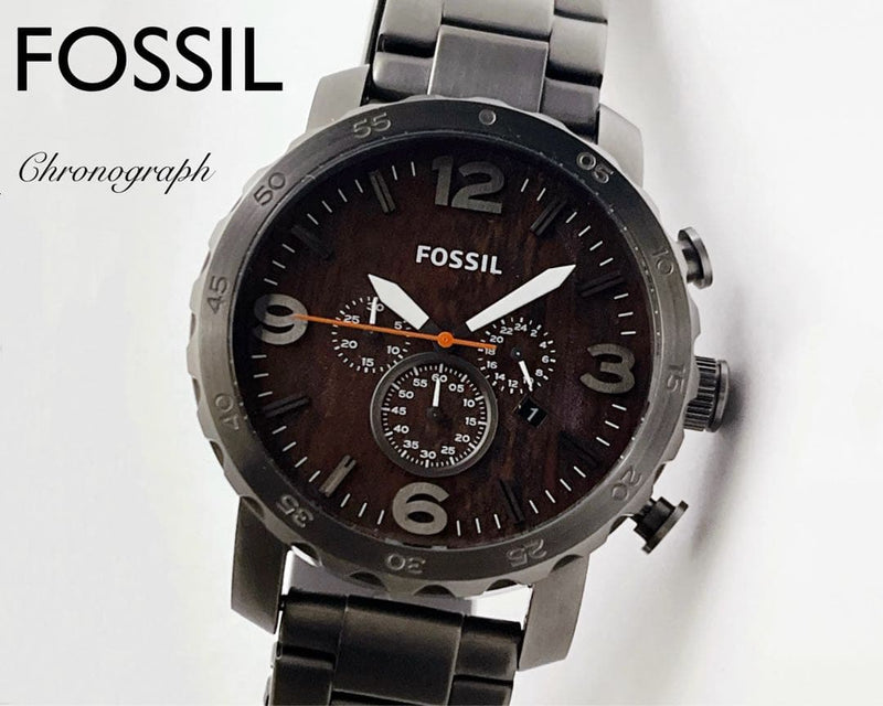 Fossil Jr1355 Chronograph Date Mens Wristwatch Wood Grain Dial Japanese Vintage