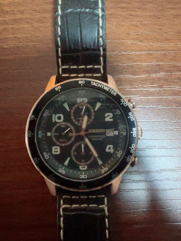 Seiko Chronograph Black Leather Mens Wristwatch Japanese Quartz Vintage
