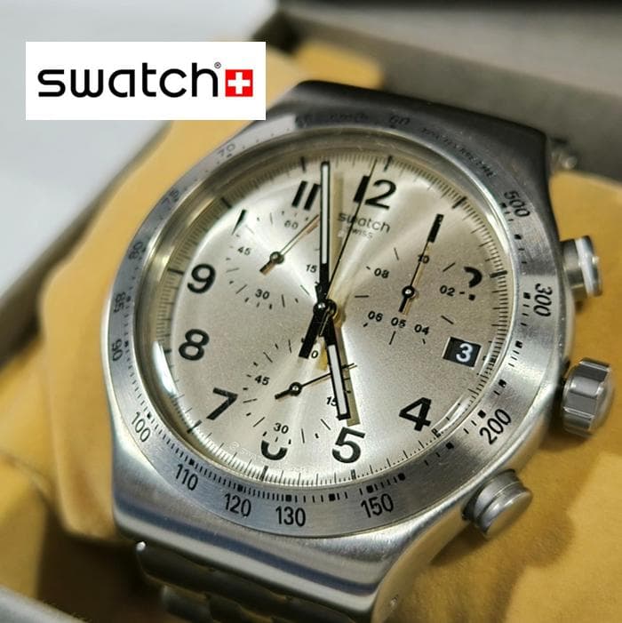 Swatch Mens Chronograph Quartz Wristwatch Japanese Vintage Stainless Steel