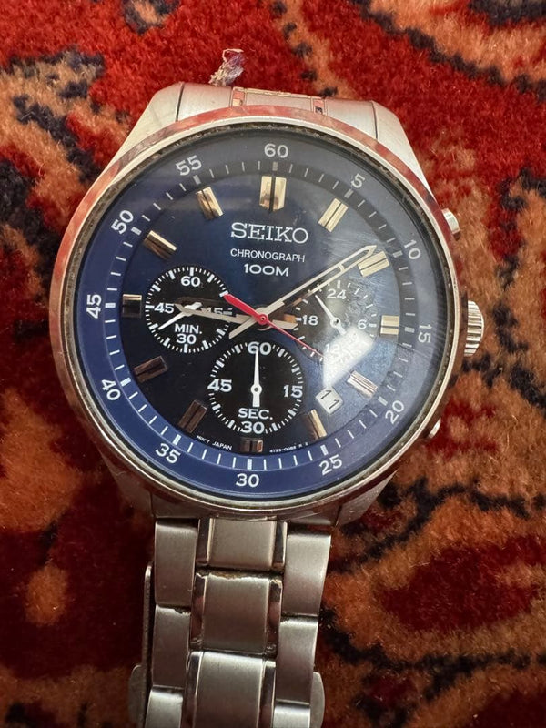 Seiko Chronograph 100m Water Resistant Mens Wristwatch Japanese Quartz Vintage