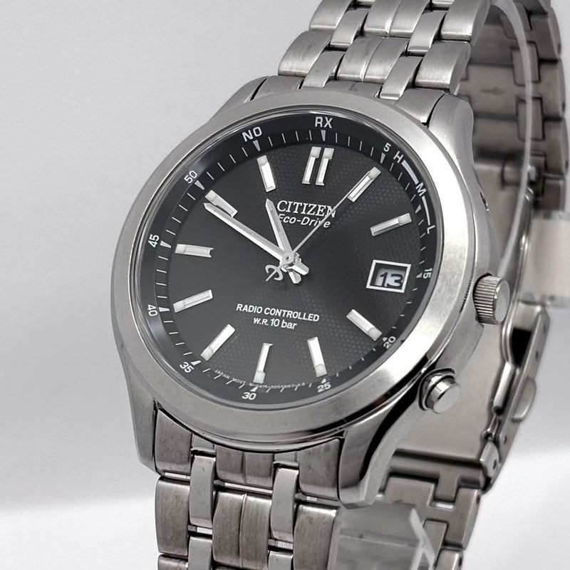 Citizen Mens Wristwatch Black Dial Radio Solar Date Silver Stainless Steel