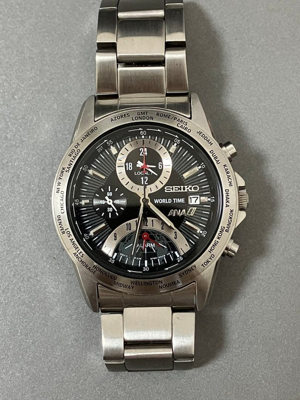 Seiko Ana-d World Time Mens Wristwatch Japanese Vintage Stainless