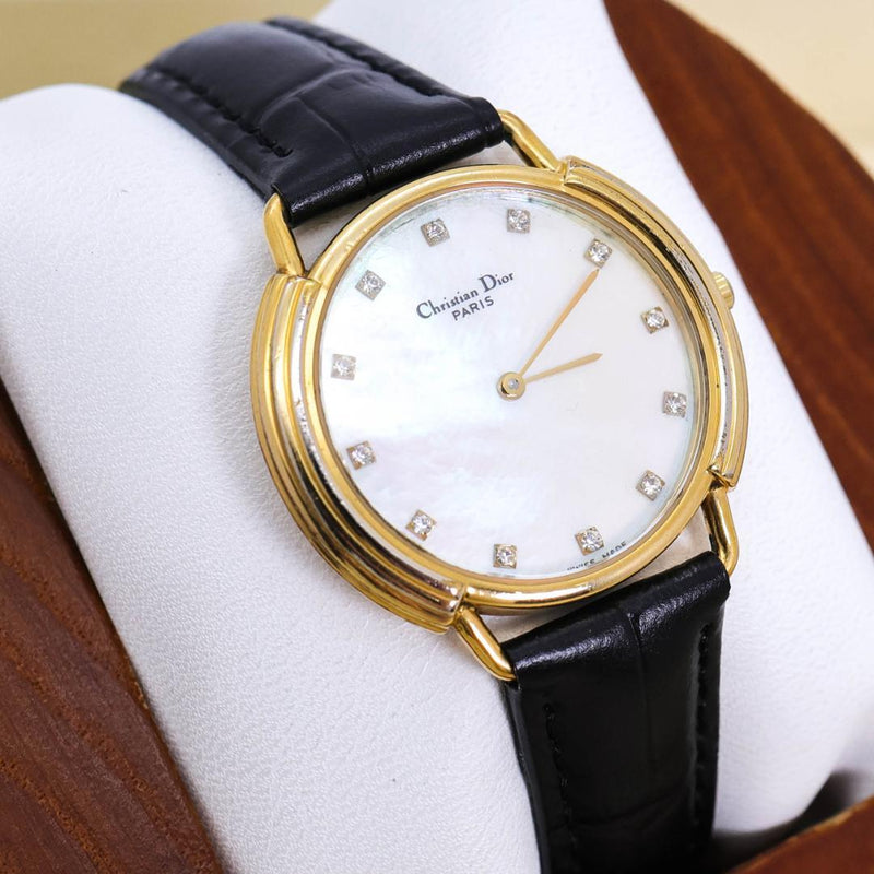 Christian Dior Wristwatch 12p Diamond Gold Shell 3359 Ladies Vintage Japanese