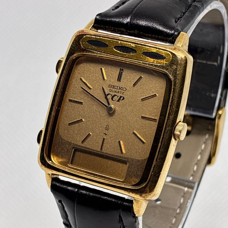 Seiko Hybrid Mens Wristwatch Japanese Vintage 1980s Quartz Analog Mechanical