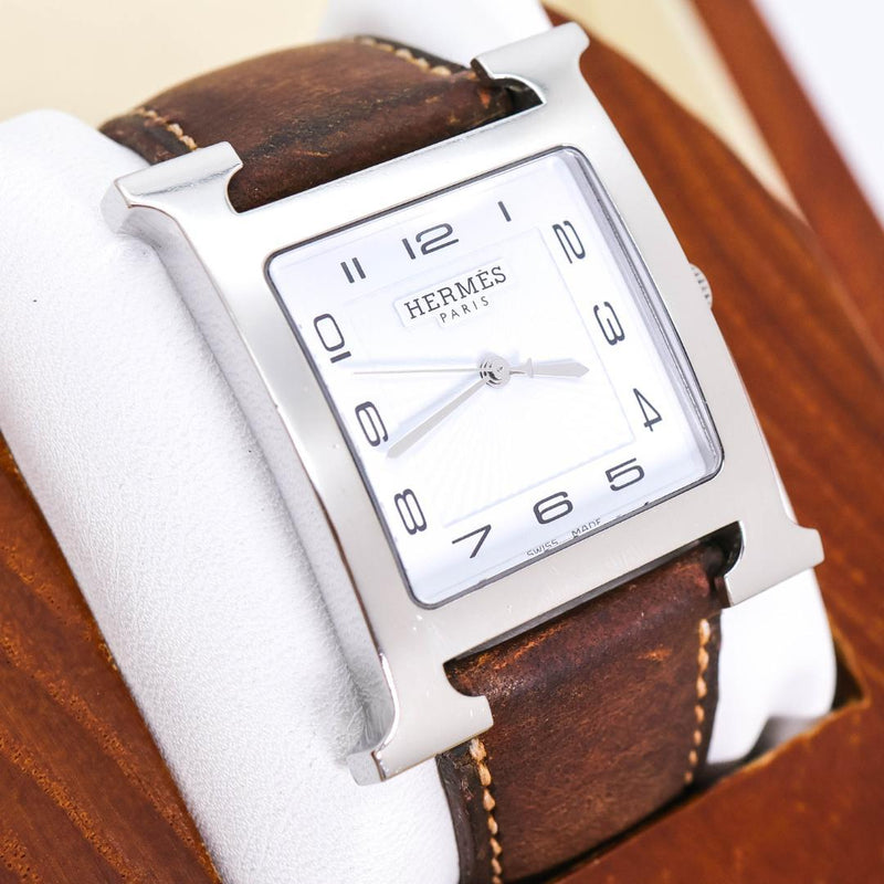 Working Hermes H Watch Large Mens Wristwatch Original Band Japanese Vintage