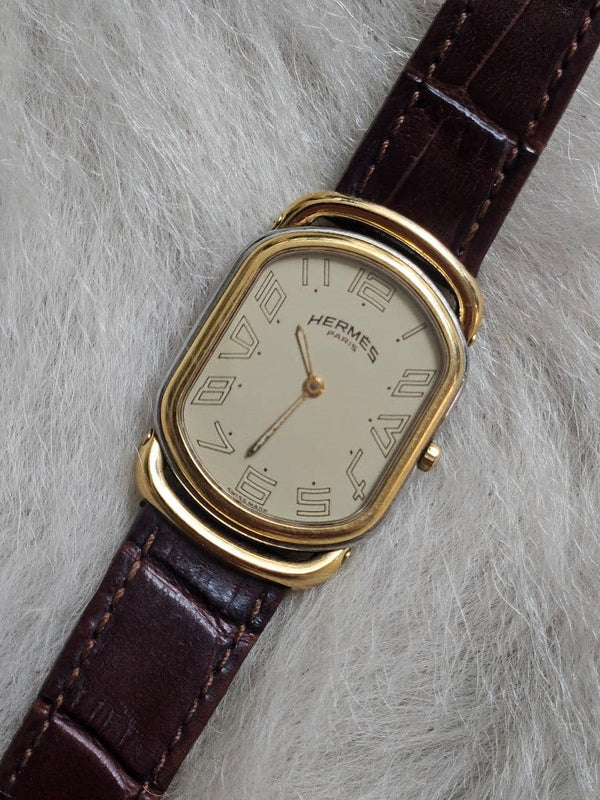 Hermes Rallye Quartz Wristwatch Womens Japanese Vintage Gold Plated Stainless