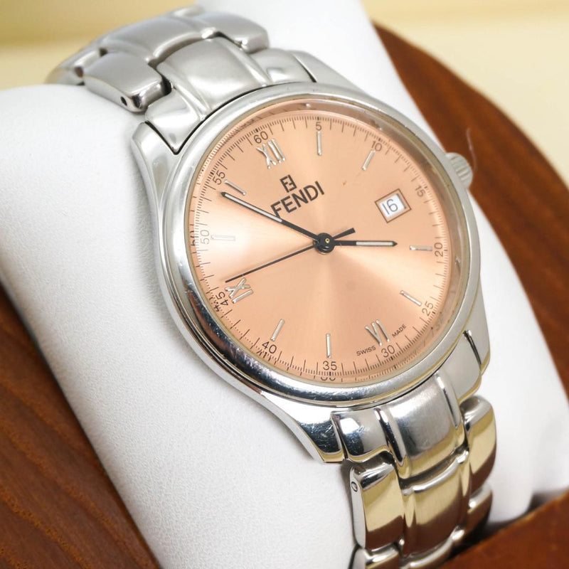 Fendi 210g Pink Mens Round Date Wristwatch Japanese Vintage Quartz Stainless