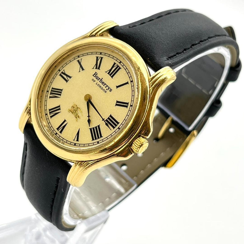 Burberry Roman Gold Mens Wristwatch Japanese Vintage Quartz Leather Strap