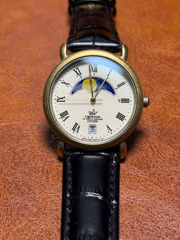A50 Citizen Light House Moon Phase Mens Wristwatch Japanese Quartz Vintage