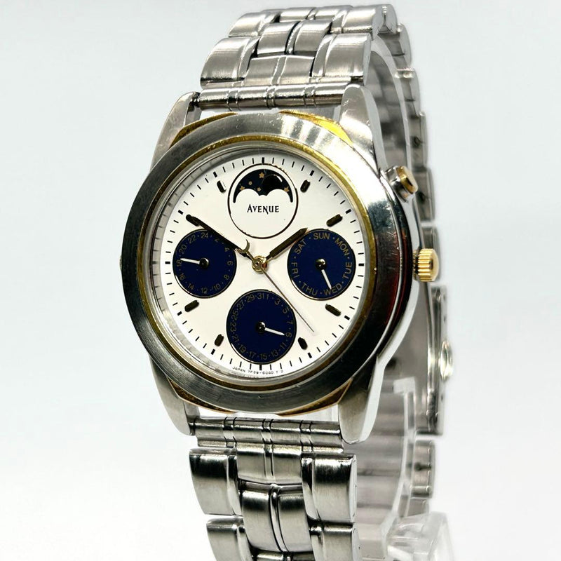 Seiko Moon Phase Quartz Mens Wristwatch Silver Tone Japanese Vintage Analog
