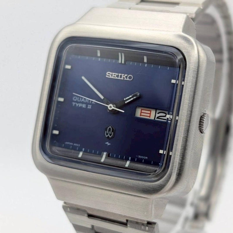Working Seiko Type Ii 4623-5000 Tv Case Blue Dial Quartz Mens Wristwatch Japan