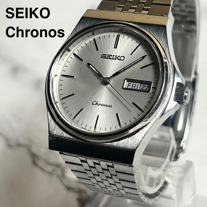Working Seiko Chronos Silver Mens Wristwatch 5h23-7d20 Japanese Vintage Quartz