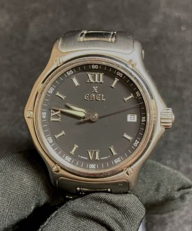 Ebel Analog Wristwatch Black Dial Japanese Vintage Quartz Stainless Steel Mens