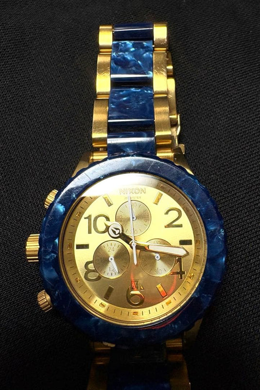 Chronograph Wristwatch Gold Blue Japanese Quartz Mens Vintage Stainless Steel