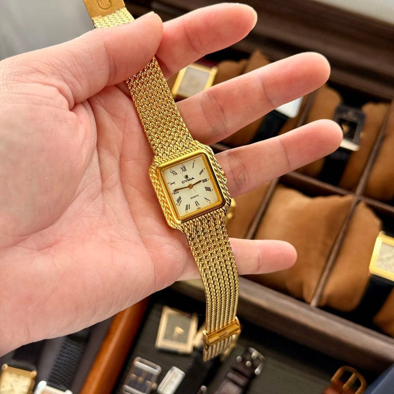 Vintage Cyma 913 Roman Dial Tank Wristwatch 1980s Japanese Gold Plated Quartz