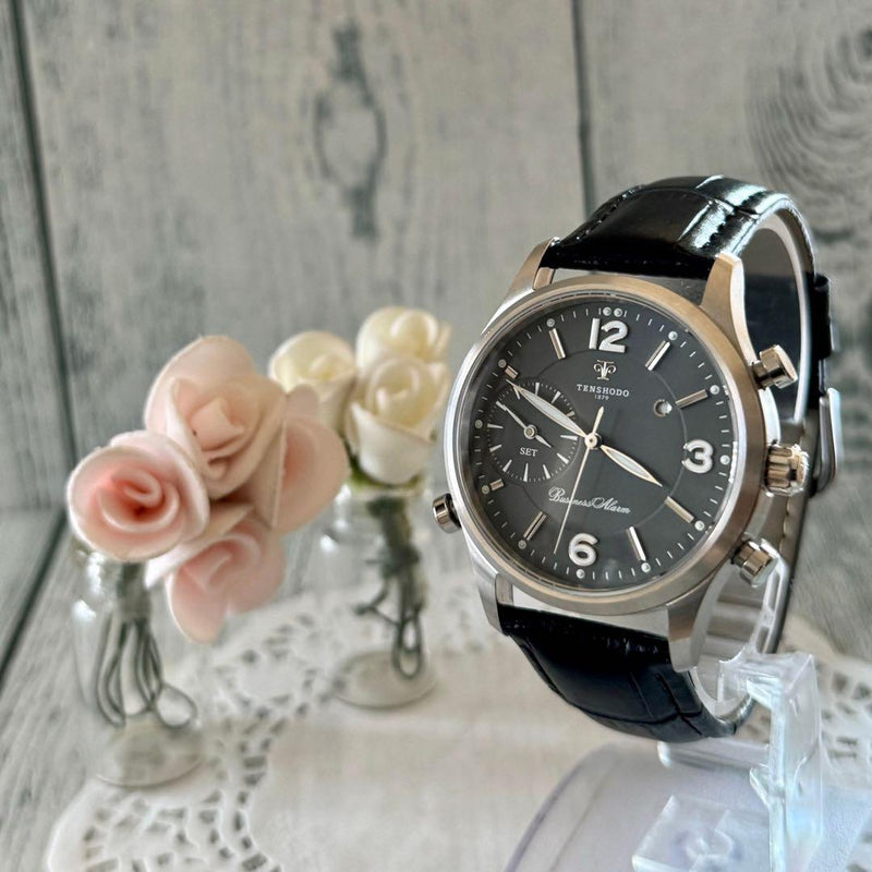 Tenshodo Alarm Watch Gray Tone Japanese Vintage Mechanical Wristwatch Collector