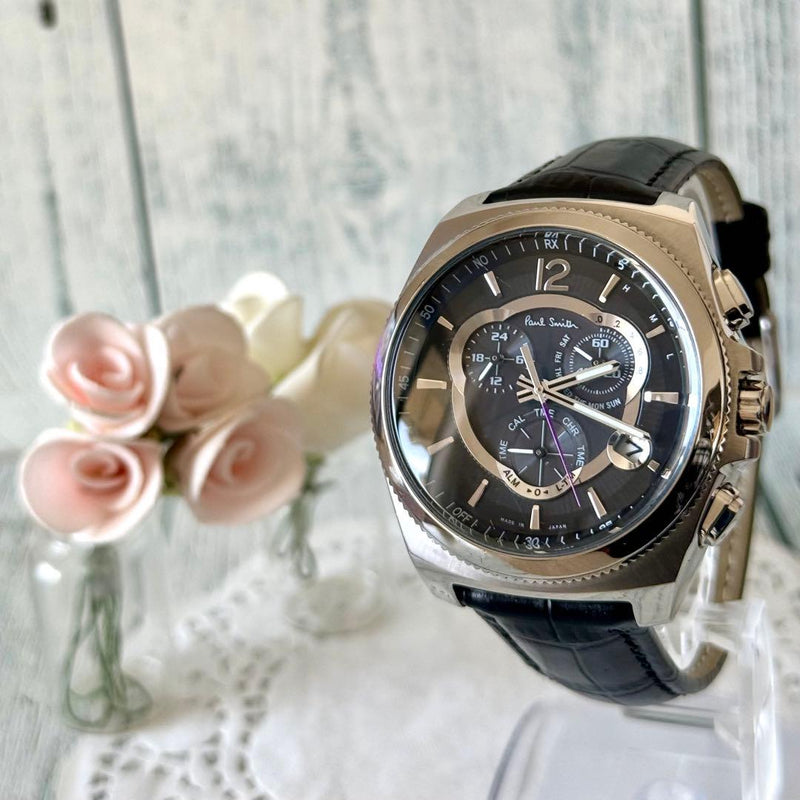 Solar Radio Wave Mens Wristwatch Black Silver Stainless Steel