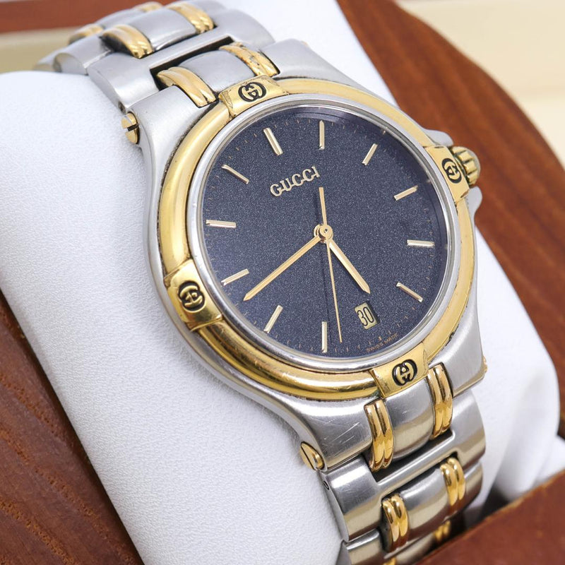 Working Gucci 9040m Black Stainless Steel Mens Wristwatch Japanese Vintage