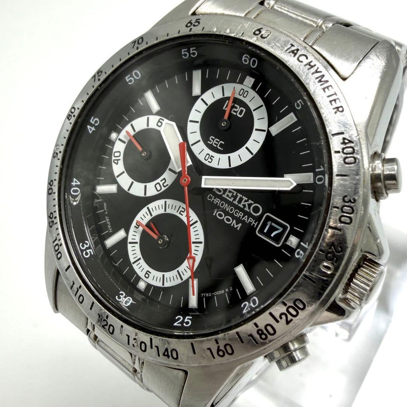 Working Seiko Chronograph Mens Wristwatch Black Dial Japanese Quartz 7t92-0dw0