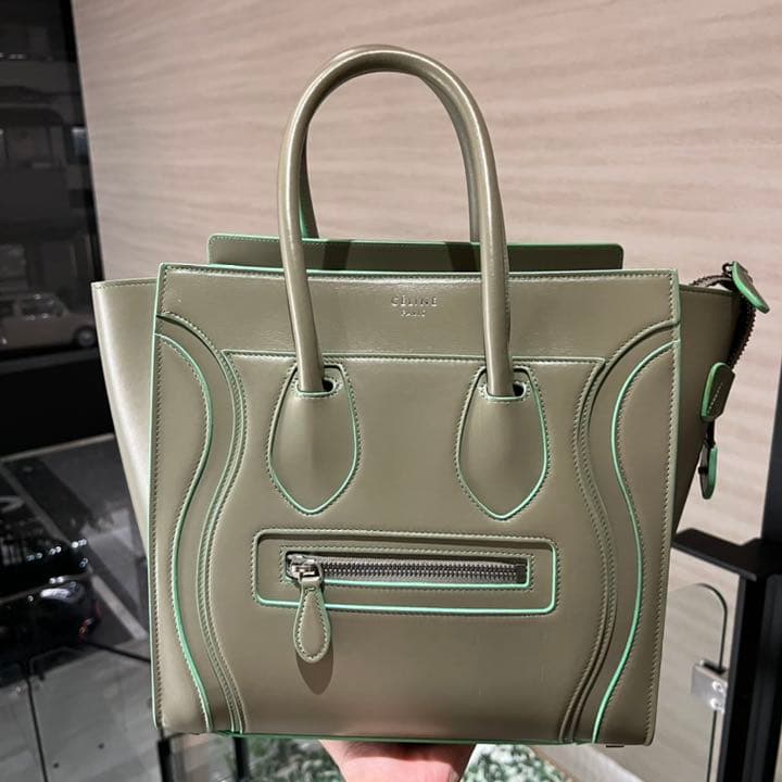 Luggage Micro Handbag Calfskin Greige Bright Green Piping Tote Bag