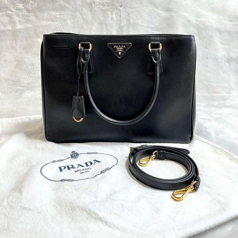 Prada Saffiano Lux Galleria BN1874 2-Way Tote Handbag Black Leather