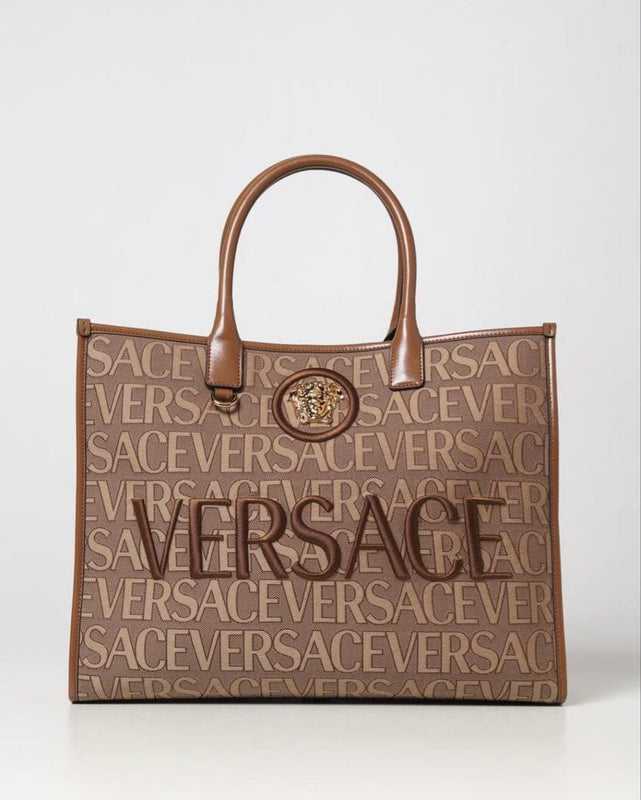 Versace Jacquard Canvas A4 Handbag Tote Shoulder Bag Brown