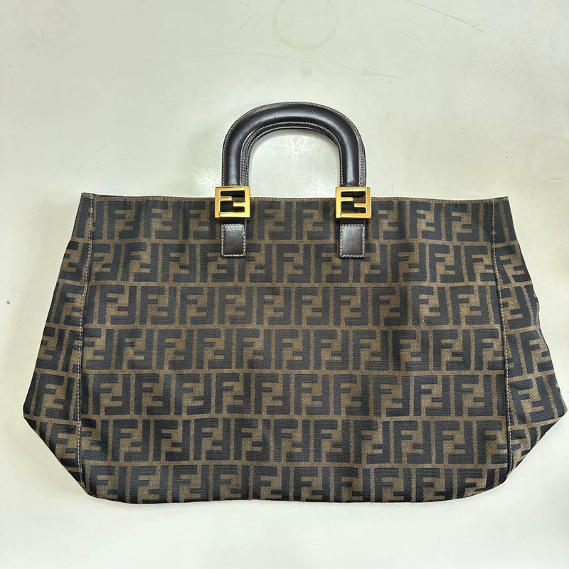 Fendi Ff Logo Handbag Canvas Leather Brown Black Studded Bottom Tote Bag
