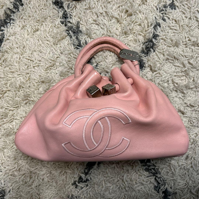 Chanel Logo Embroidery Shoulder Bag Handbag Pink Leather