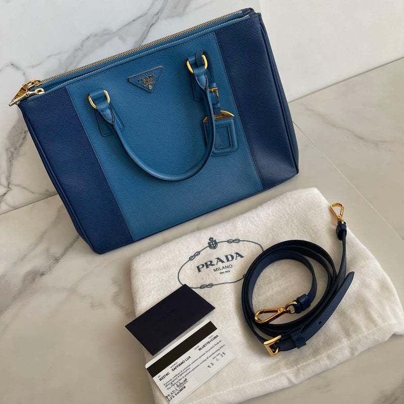 Prada Galleria Saffiano 2way Shoulder Handbag Leather Blue