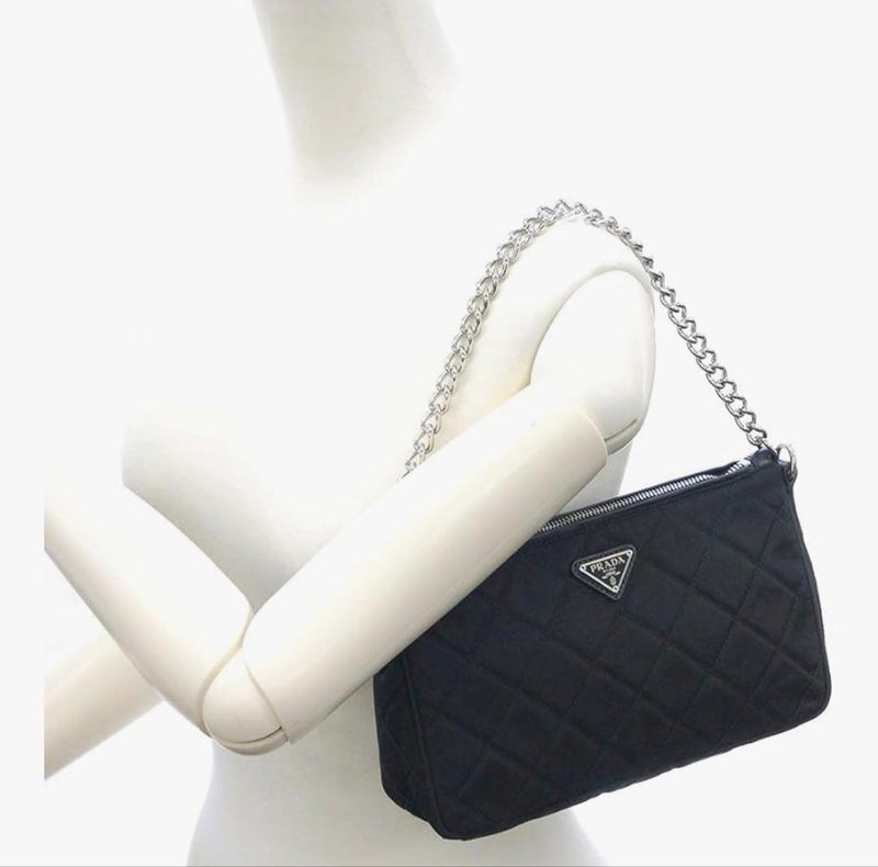 Prada Tessuto Impuntu Shoulder Bag Nero Nylon Leather Silver Hardware