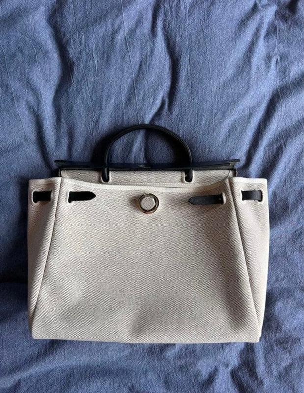 Hermes Herbag Canvas Calfskin Black White Shoulder Bag Tote