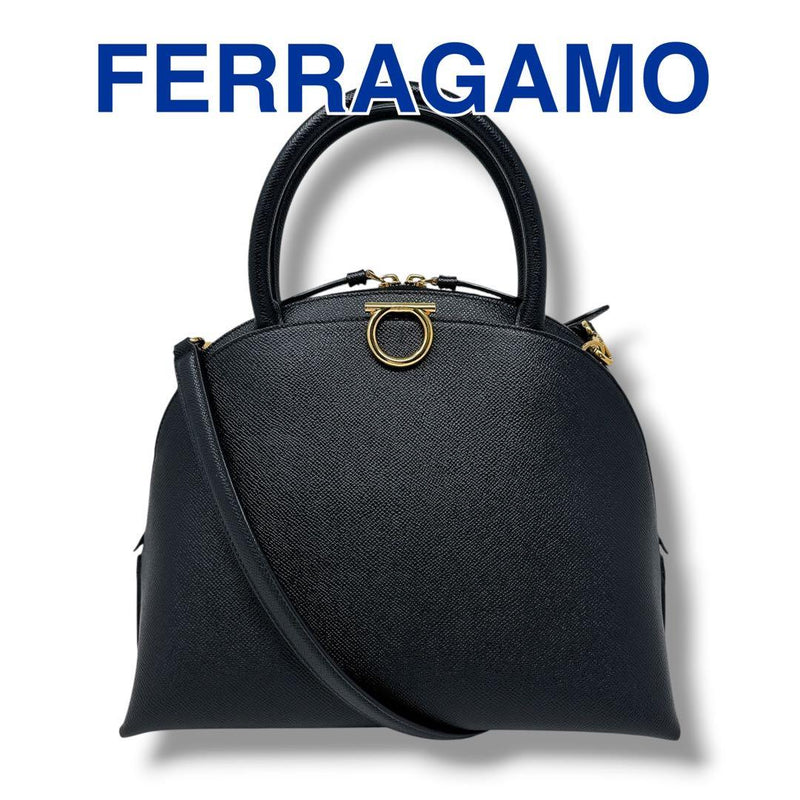 Salvatore Ferragamo Gancini 21 0428 Top Handle Handbag Leather Black Gold