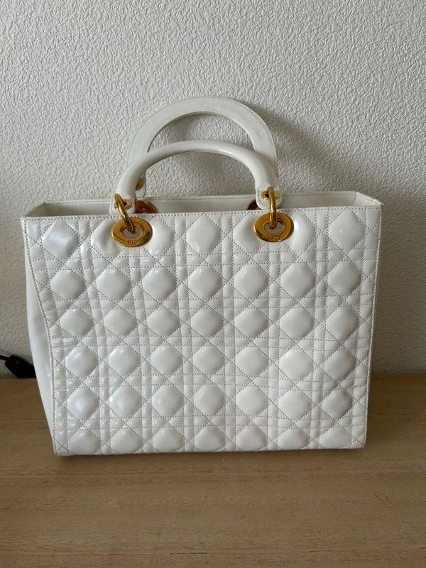 Lady Dior Large Gold Hardware Tote Bag White Ivory Leather