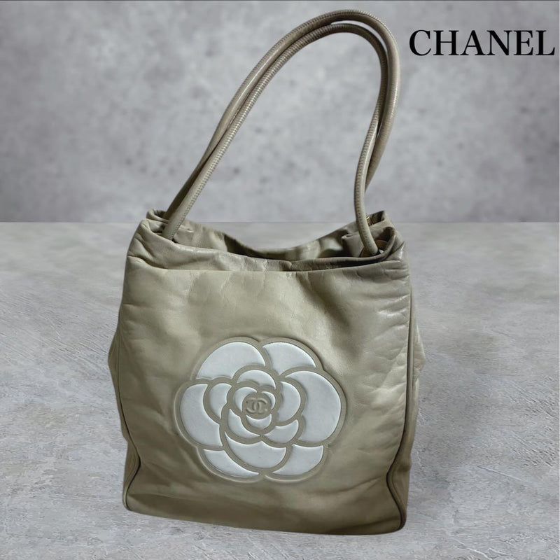 Chanel Camellia Tote Bag Calfskin Beige Gold Hardware Handbag Shoulder
