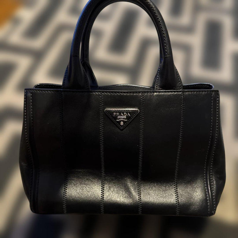 Prada Canapa Pm 2way Handbag Tote Shoulder Bag Calfskin Black Silver Hardware