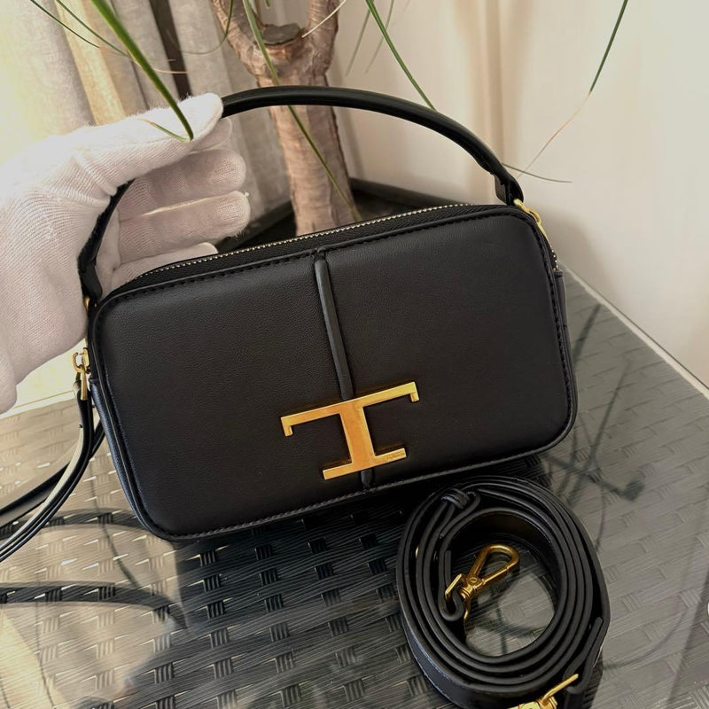 Tods T Timeless Shoulder Bag Handbag Camera Bag Leather Black