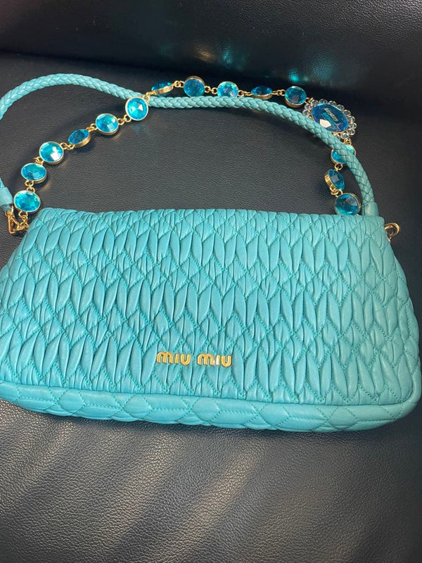 Miu Miu Nappa Crystal Shoulder Bag Matelassé Turquoise Blue Leather