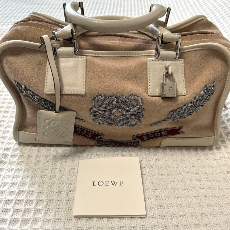 Loewe Amazona Handbag Pink Beige Suede Embroidered Design