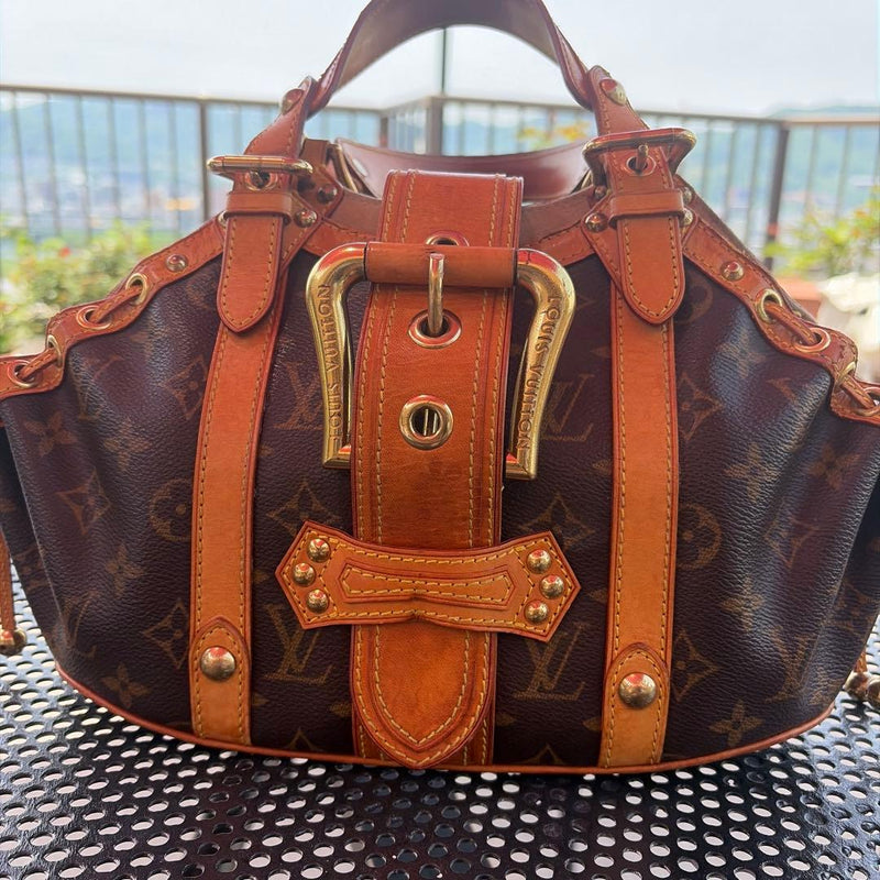 Louis Vuitton Monogram Handbag Brown Tan Canvas Leather Decorative Buckle Strap
