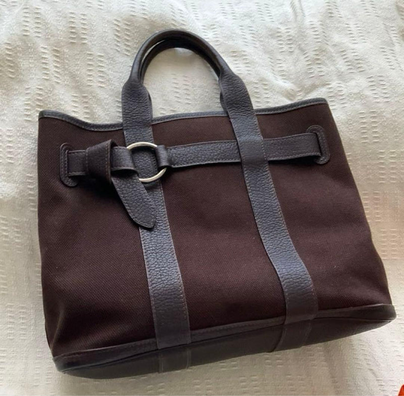 Hermes Petite Ceinture Tote Bag Canvas Leather Dark Brown Handbag