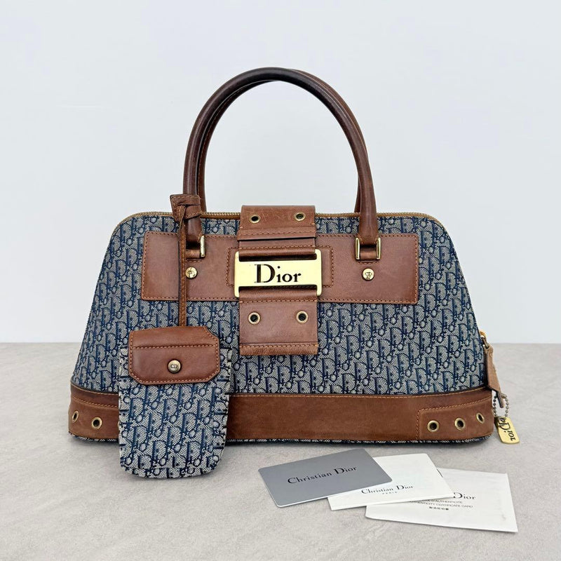 Christian Dior Street Chic Mini Boston Handbag Navy Brown Leather Gold Hardware