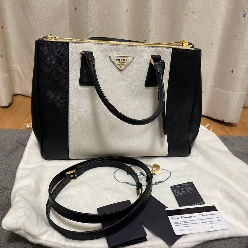 Prada B22747C Saffiano Lux Bicolor Leather Handbag Shoulder Bag Nero Talco