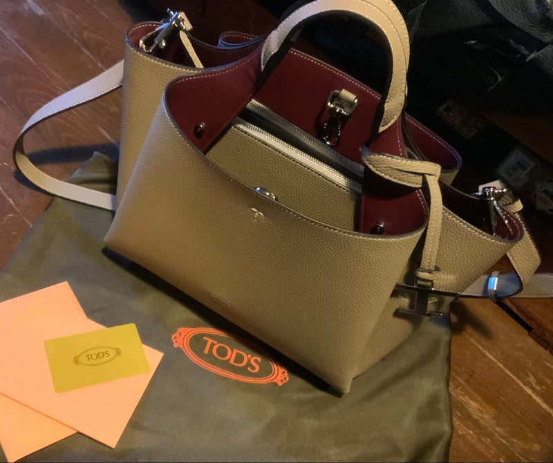 Tods Tote Bag Handbag Leather Beige Wine