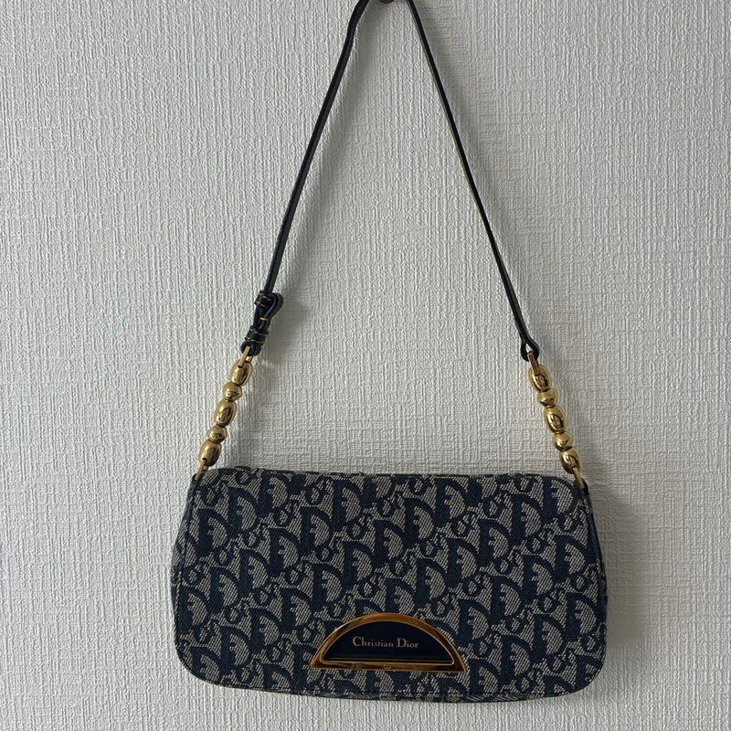 Christian Dior Logo Design Shoulder Bag Navy White Beaded Strap