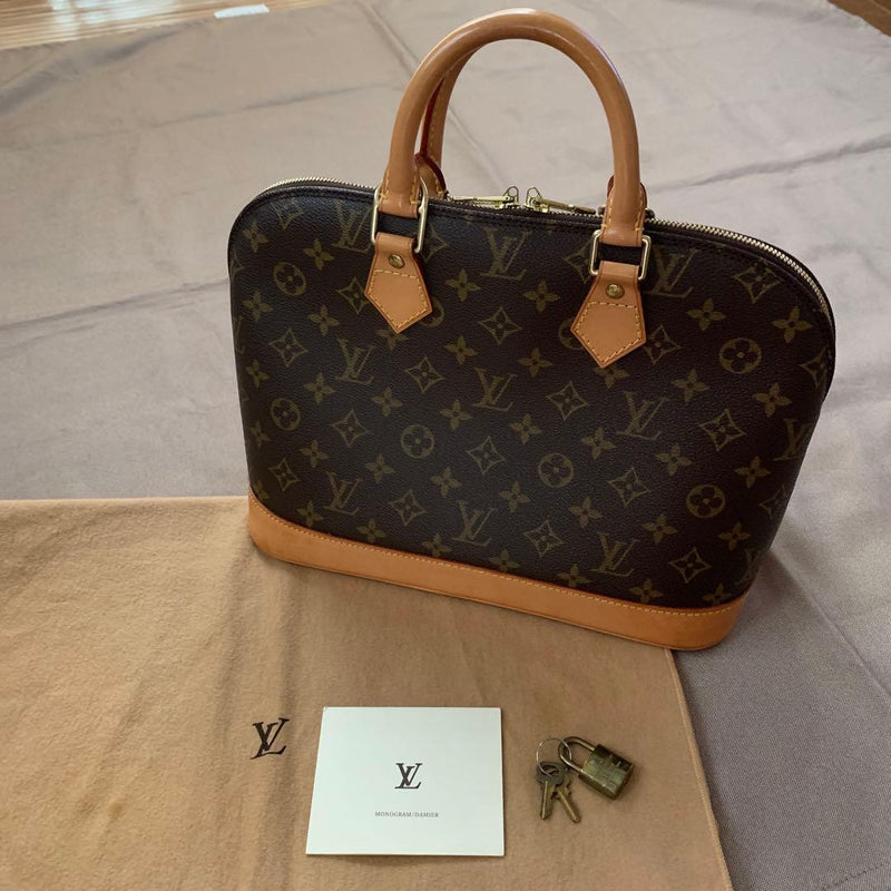 Louis Vuitton Alma Monogram Handbag Leather Brown Double Zipper Padlock Keys