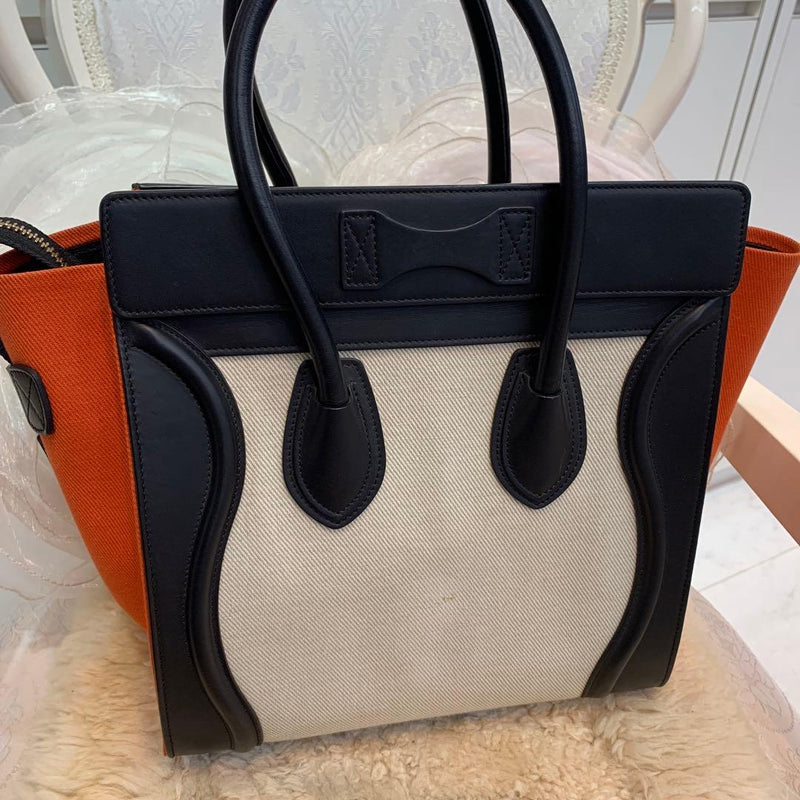 Celine Luggage Micro Shopper Handbag Canvas Leather Black Orange Ivory Gold