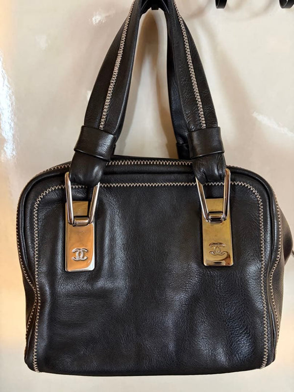 Chanel Mini Boston Handbag Black Leather Zippered Two Handles